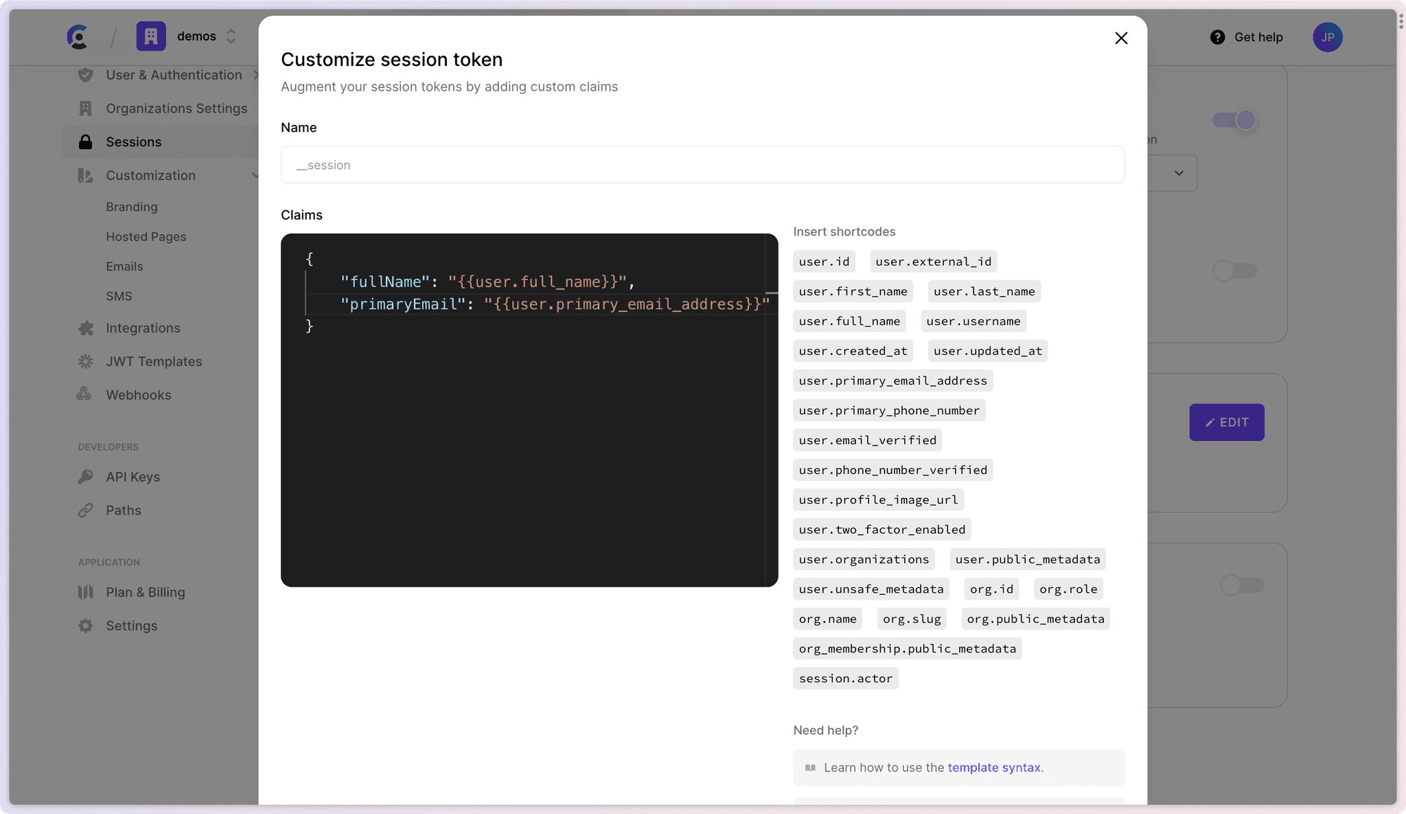 Clerk Dashboard showing the custom claim modal