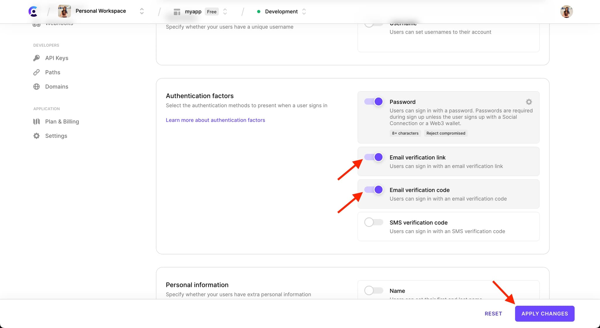 The 'Authentication factors' section under 'Email, Phone, Username' tab with a red arrow pointing to the 'Email verification link' toggle and 'Email verification code, both toggled on. There is also a red arrow pointing to the 'Apply changes' button.