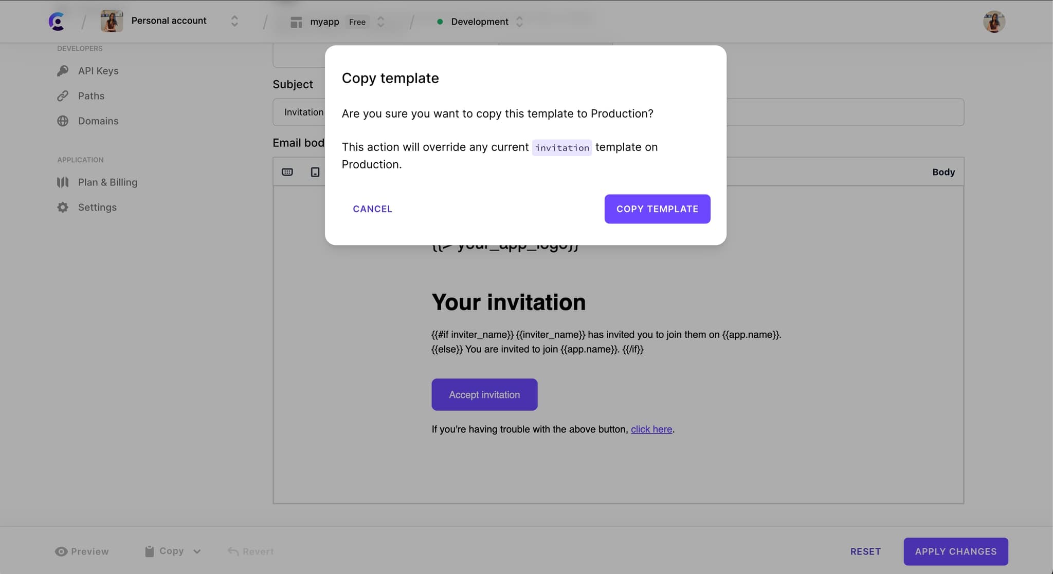 The 'Invitation' email template customization page. A popup window titled 'Copy template' asks the user to confirm their decision in copying the 'invitation' template to the 'Production' instance.