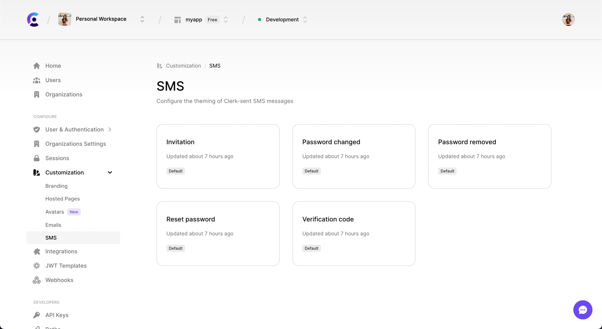 The 'SMS' tab under the 'Customization' section of the Clerk Dashboard.