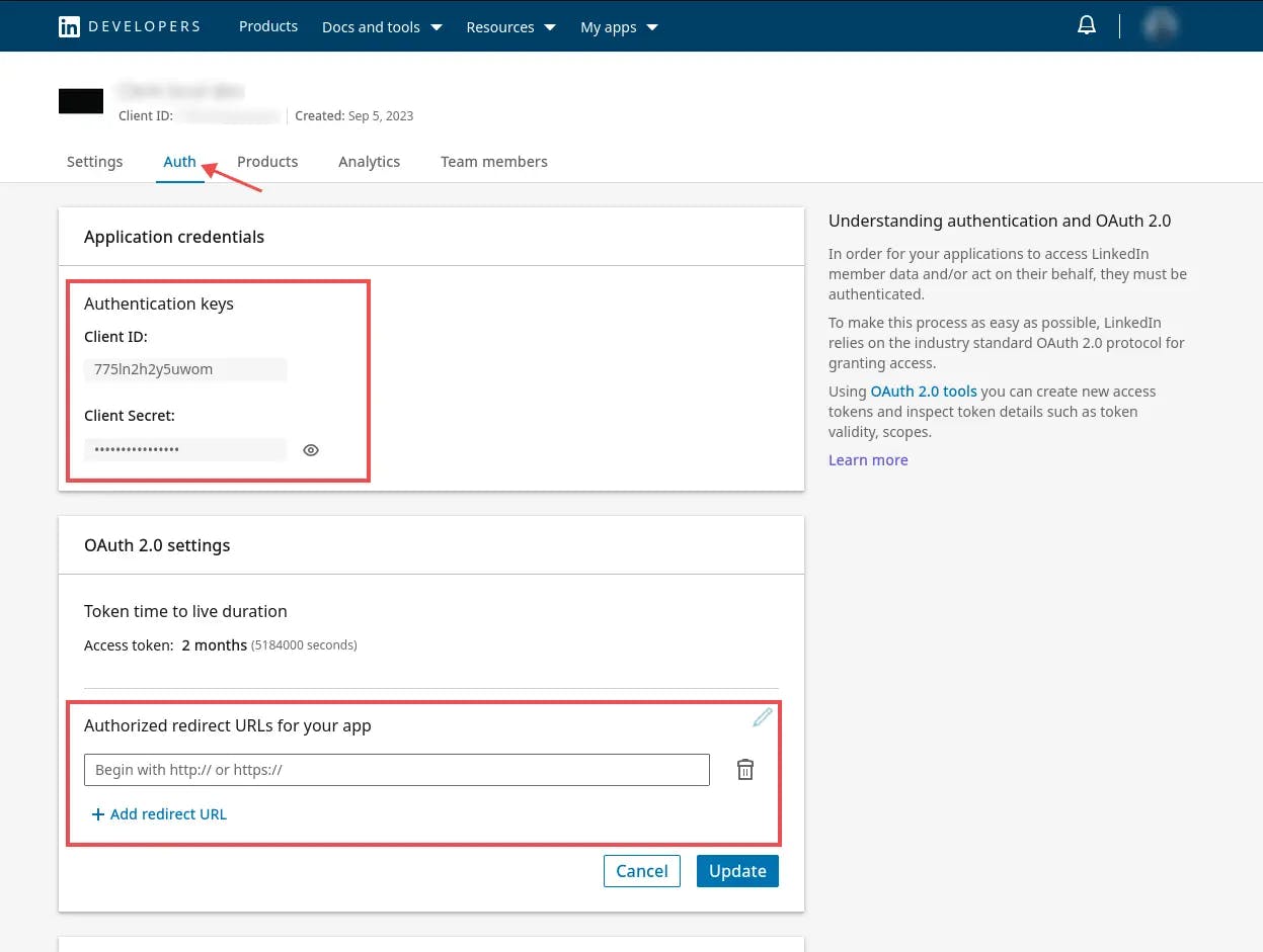 The 'Auth' tab in the Linkedin Developer dashboard for a user's application. There is a red box around the 'Authentication keys' section, which contains the 'Client ID' and 'Client Secret' values. There is also a red box around the 'Authorized redirect URLs for your app' section.