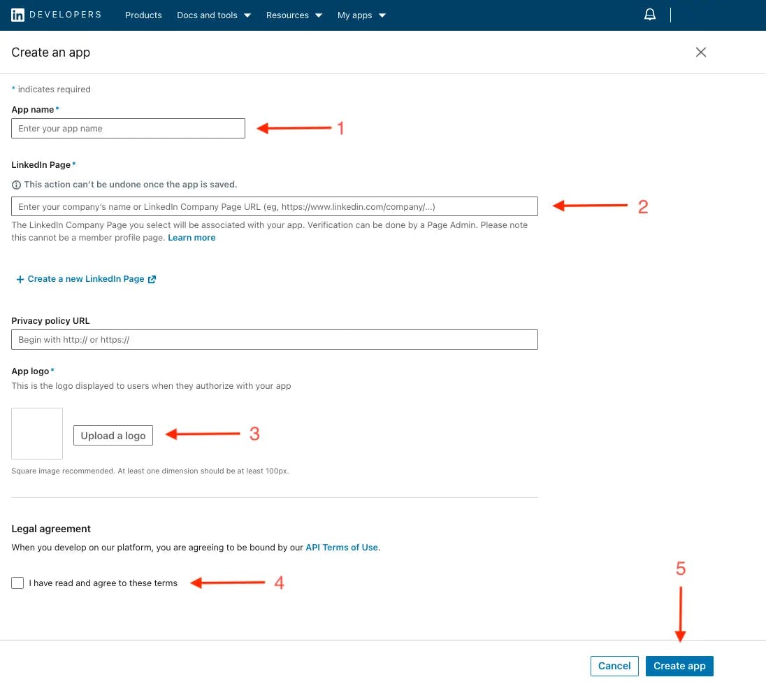 The 'Create new app' form in the Linkedin Developer portal.