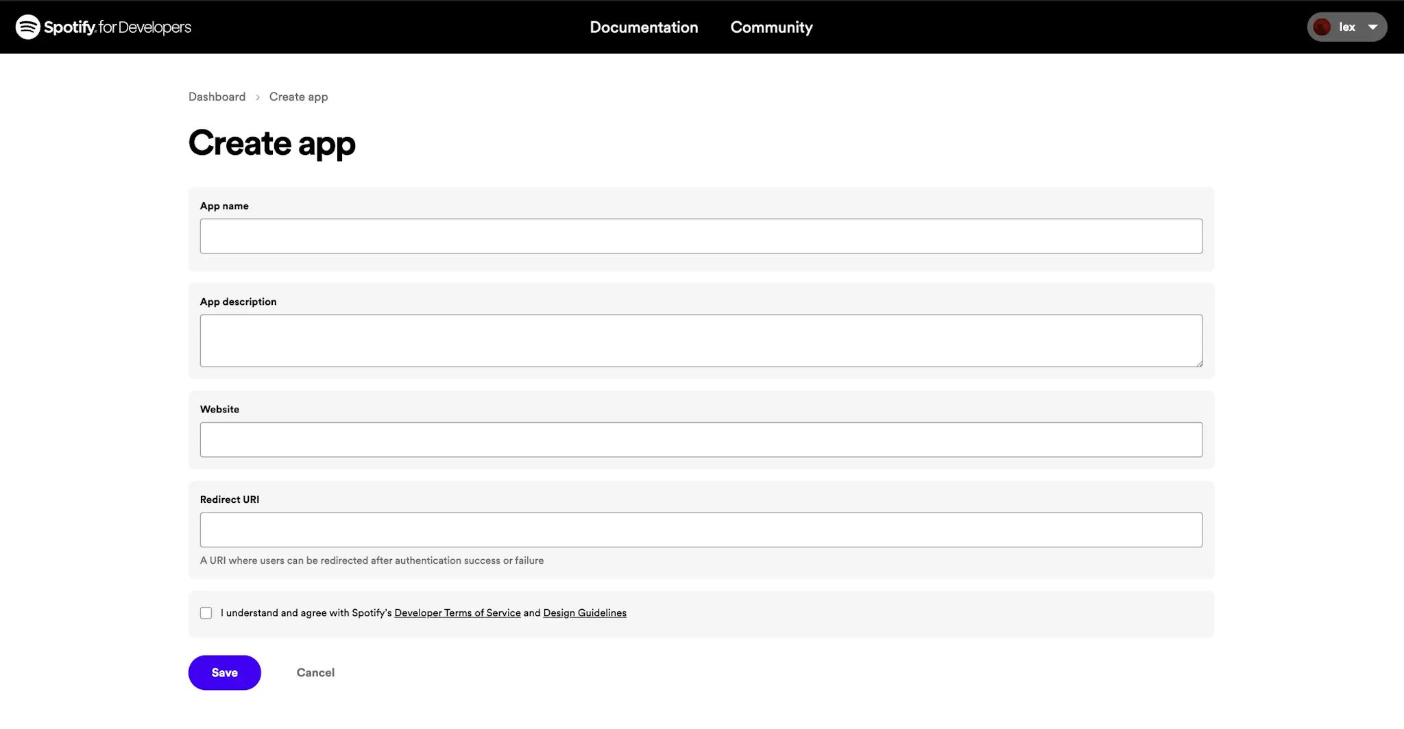 The 'Create app' form in the Spotify Developer Dashboard.