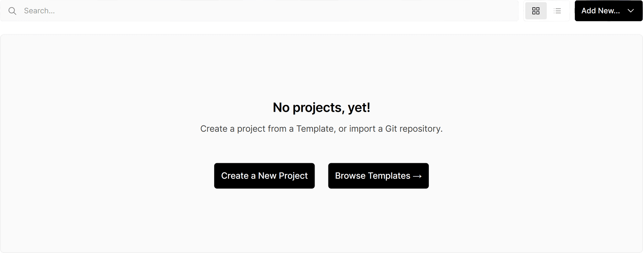 A Vercel dashboard with a "No projects, yet!" message. Buttons to create a new project and browse templates are present.