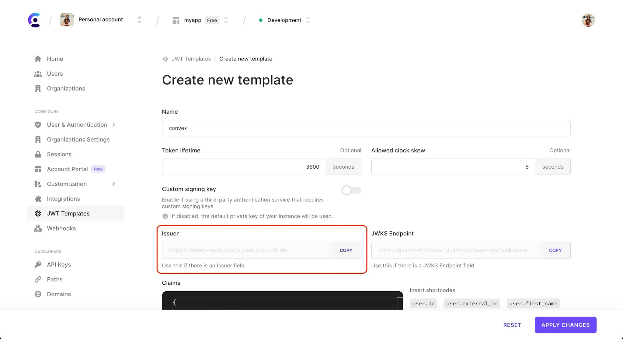 The 'Create new template' page of the JWT Templates page in the Clerk Dashboard. There is a red box surrounding the 'Issuer' section.