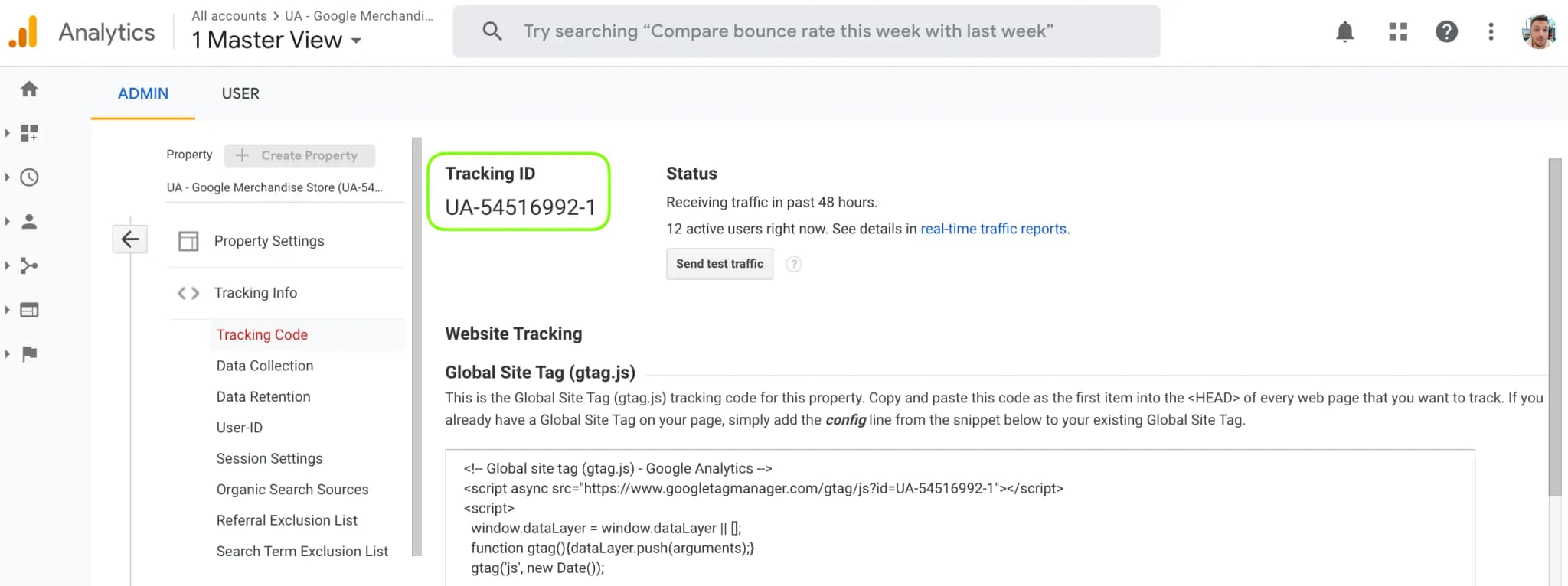 A gif showing how to access the measurement ID in the Google Analytics UI.